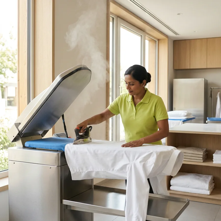 Pressing a freshly cleaned shirt